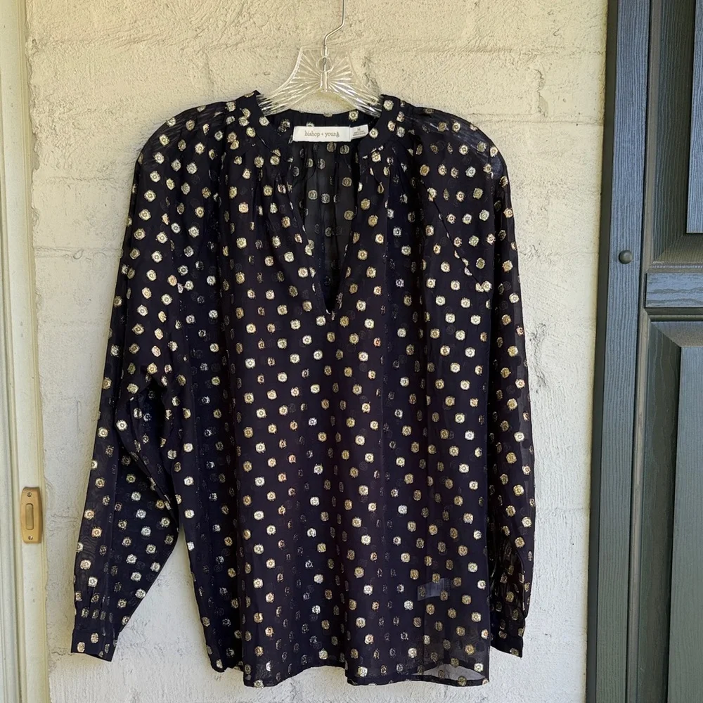 Anthropologie Bishop & Young Black Pullover Blouse w Gold Metallic Dots Medium - Picture 15 of 15